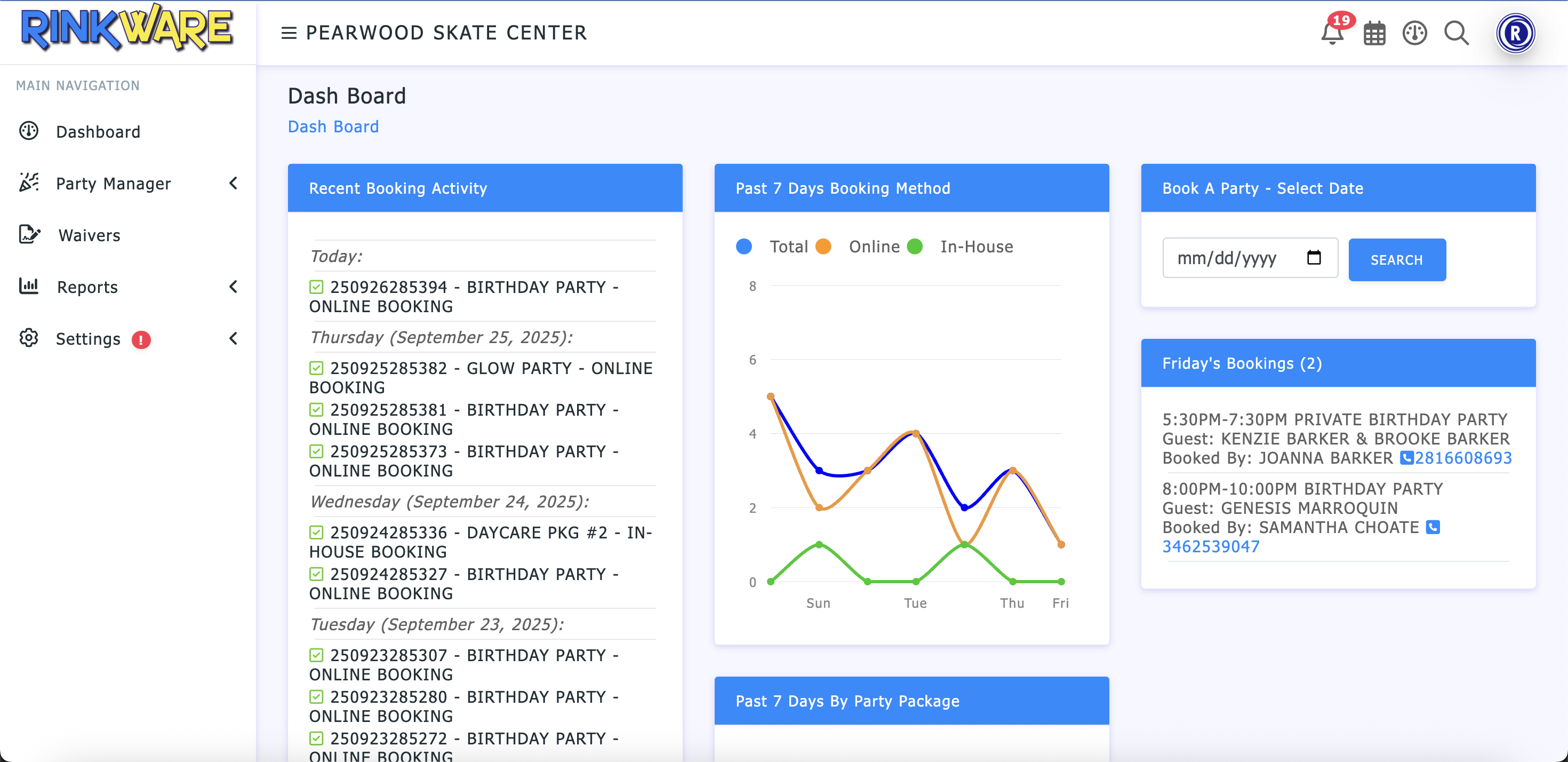Mockup of the RinkWare software dashboard showing bookings and reports.